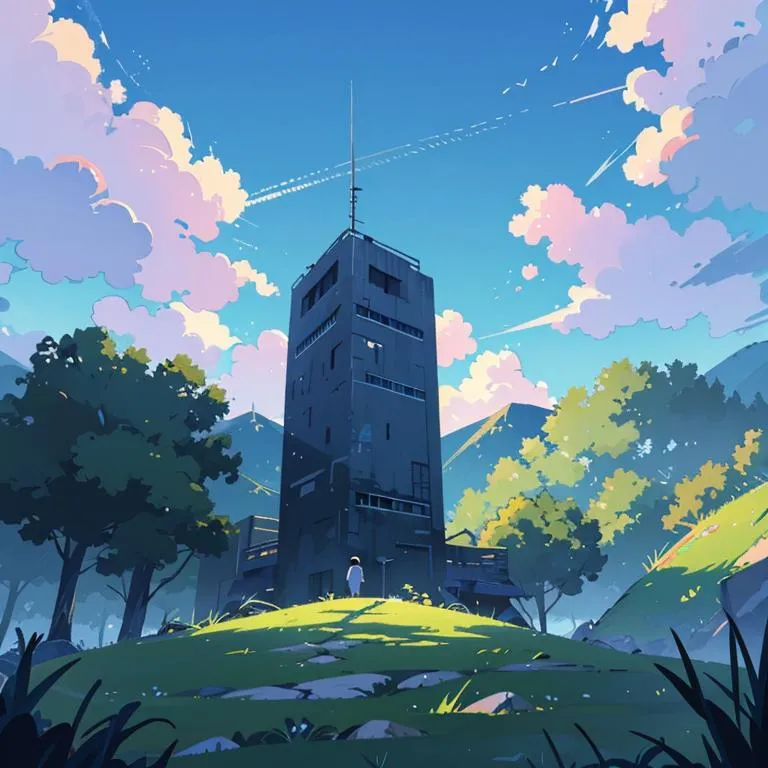 Hand-drawn anime style tower standing on a lush green hill surrounded by trees, with a clear blue sky and fluffy clouds created using Stable Diffusion.