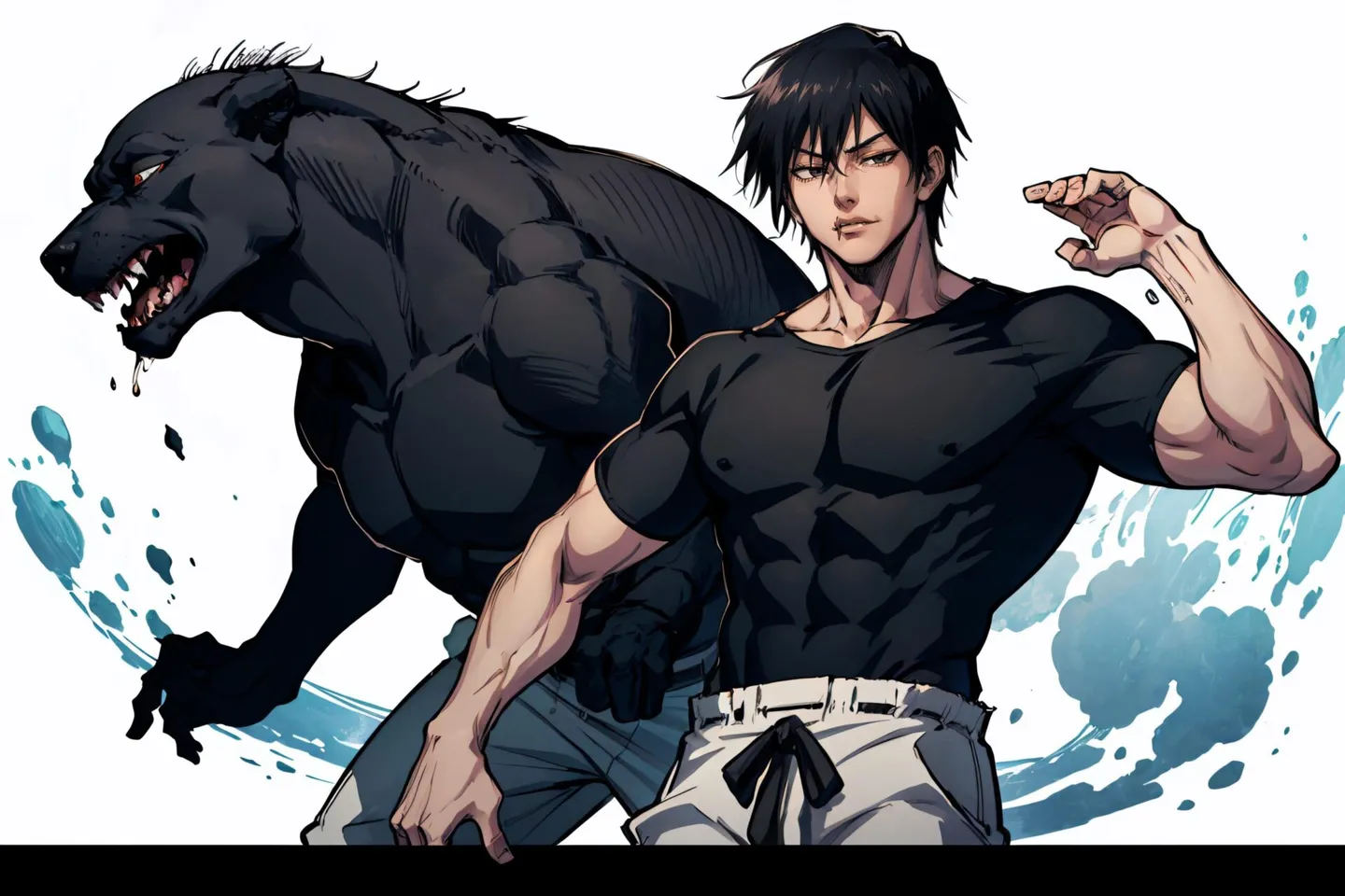 A muscular man alongside a black panther in an anime style. This is an AI generated image using Stable Diffusion.