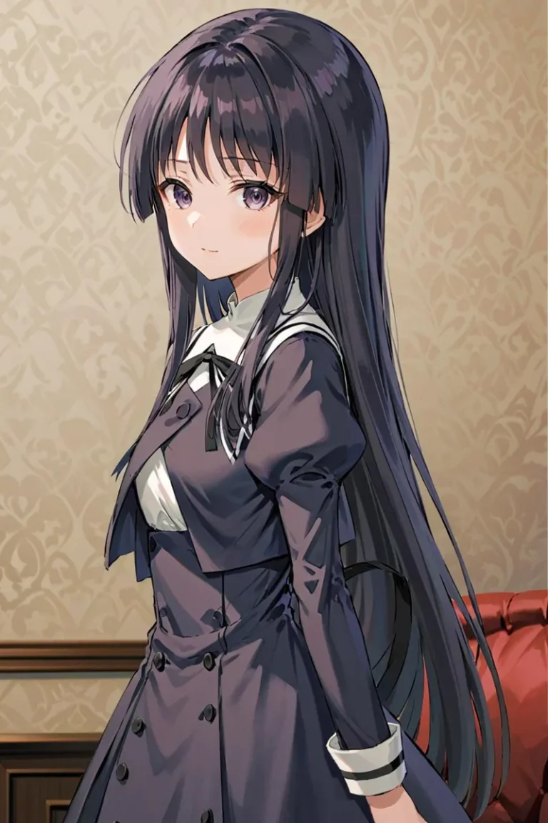 Anime girl with long purple hair wearing a Victorian-style dress, created using Stable Diffusion AI.