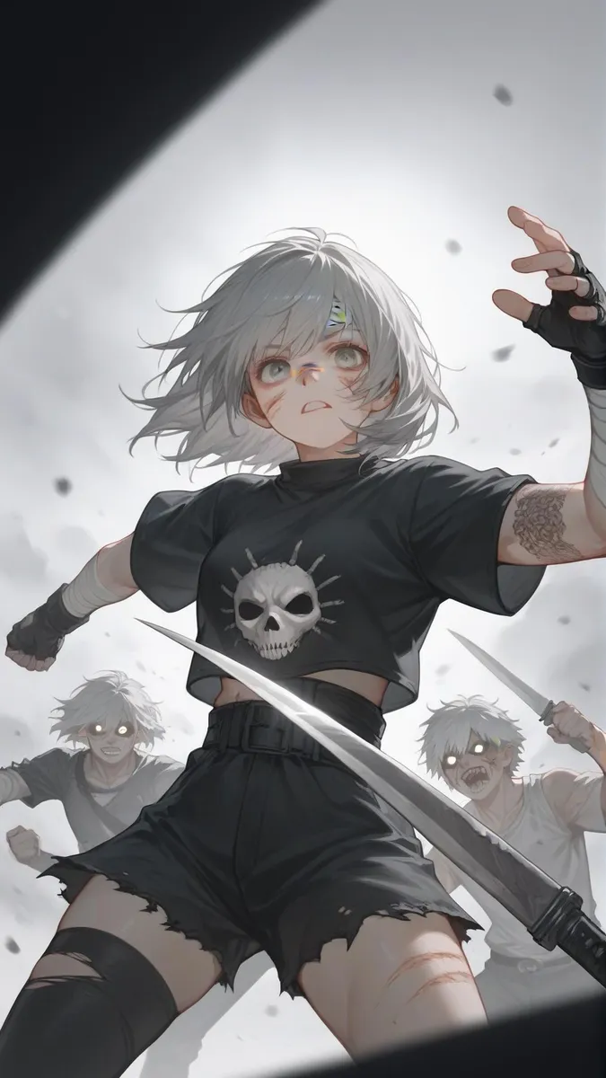 Anime girl warrior with white hair and a skull shirt holding a sword, surrounded by enemies in a dynamic battle scene. AI generated image using stable diffusion.