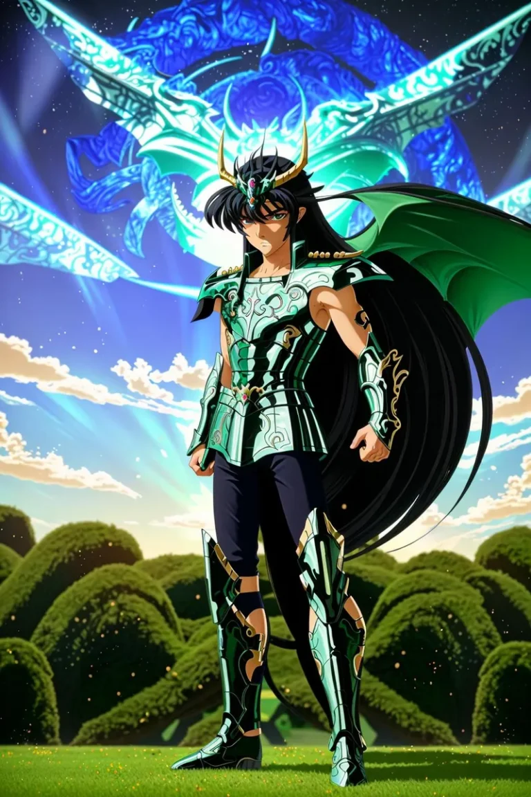 A beautifully illustrated anime warrior wearing intricate fantasy armor with a dragon spirit in the background, generated using stable diffusion AI.