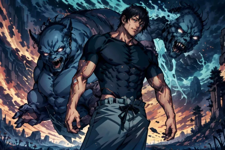 Strong anime warrior standing confidently with two imposing blue monsters in the background, AI-generated image using Stable Diffusion.