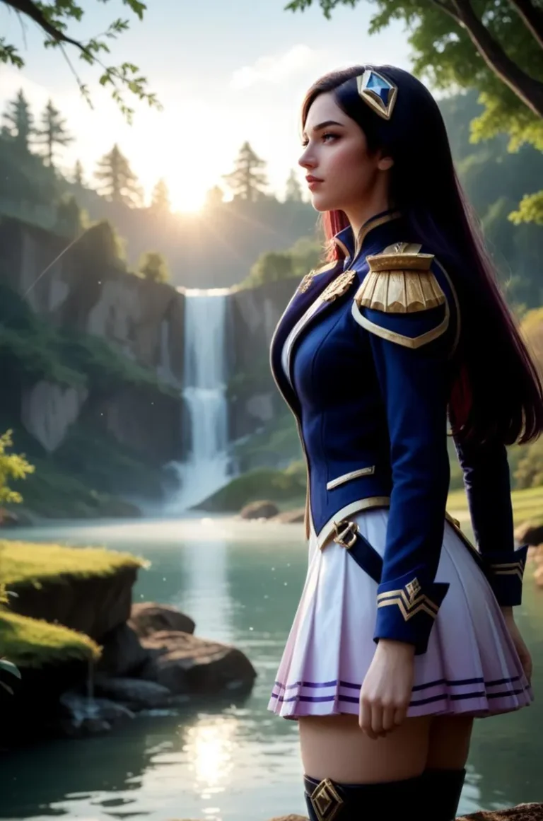 An AI generated image using stable diffusion of an anime warrior woman in a fantasy landscape, featuring a shimmering lake, lush greenery, and a cascading waterfall under a setting sun.