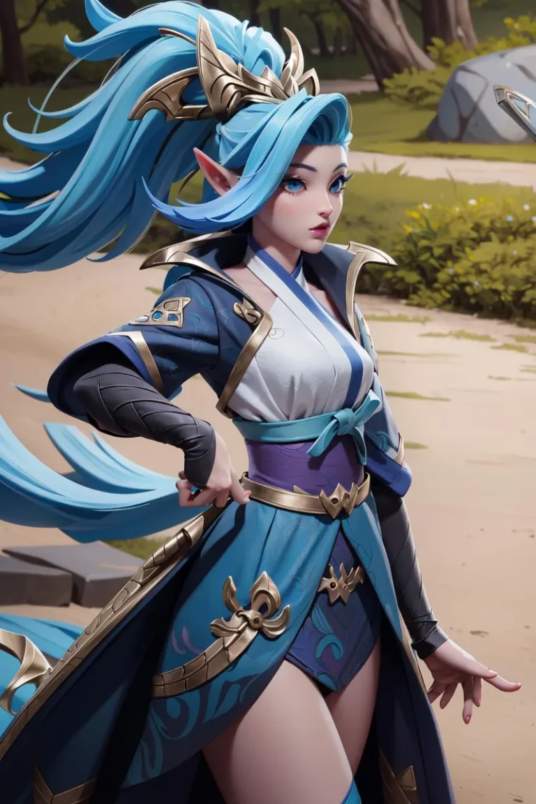 An AI generated image using Stable Diffusion depicting a blue-haired anime warrior woman, styled as a fantasy elf with ornate armor.