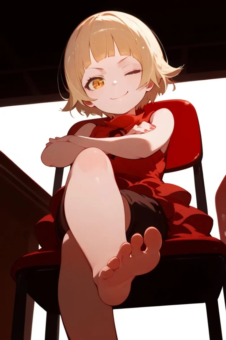 Smiling anime girl with short blonde hair winking, sitting on a red chair with crossed arms and stretched legs. This is an AI generated image using Stable Diffusion.
