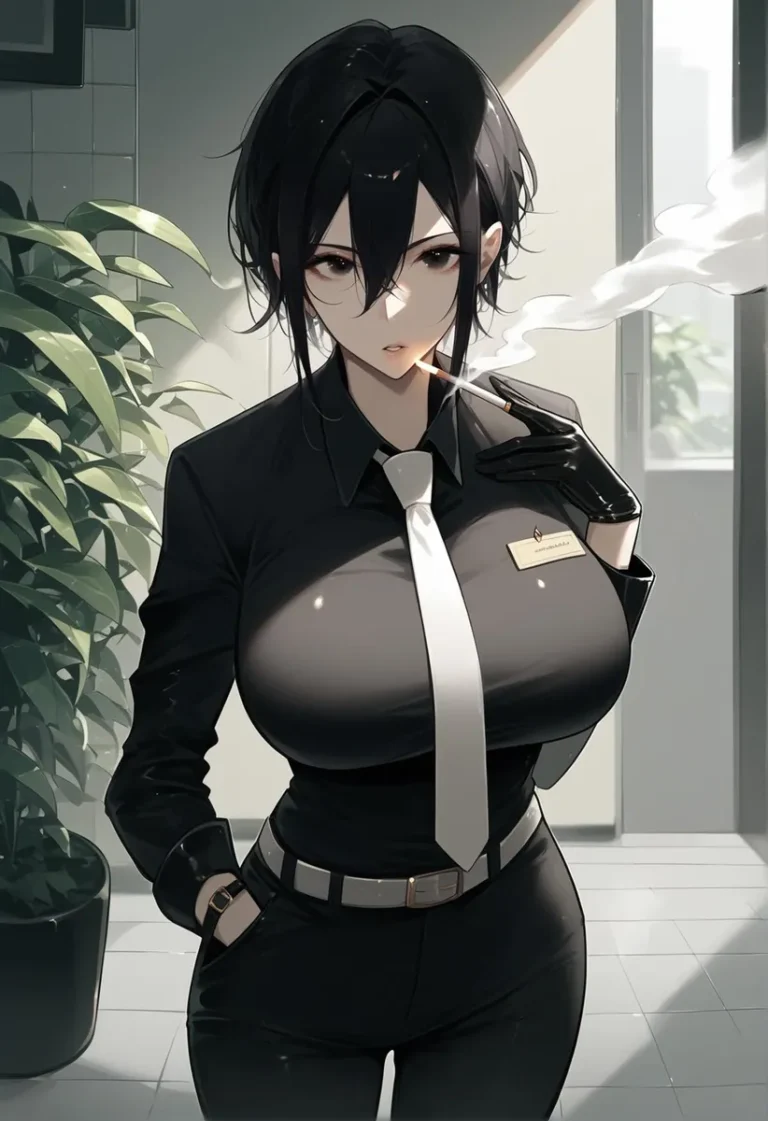 AI generated image using Stable Diffusion of an anime woman in office attire smoking a cigarette.