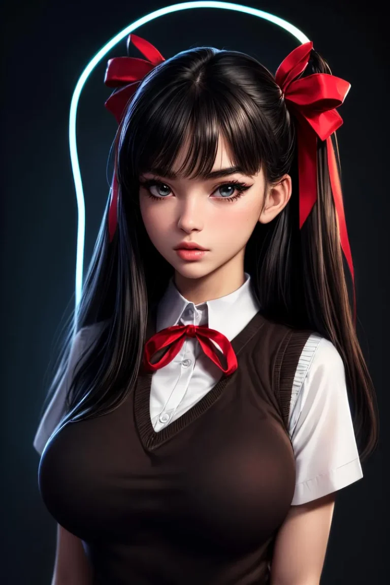 Beautiful anime girl with long black hair, dressed in a school uniform with red bows in her hair, created using stable diffusion AI.