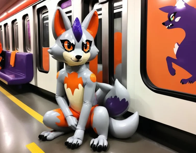 An anthropomorphic fox character with orange and grey fur, seated in a subway station. The fox has a purple tuft of hair and is depicted with vivid orange eyes. The backdrop includes subway seats and an illustration of a fox on a train window.