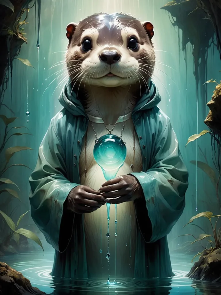 An AI generated image using stable diffusion of an anthropomorphic otter standing in water, wearing a hooded robe, and holding a glowing magical sphere.