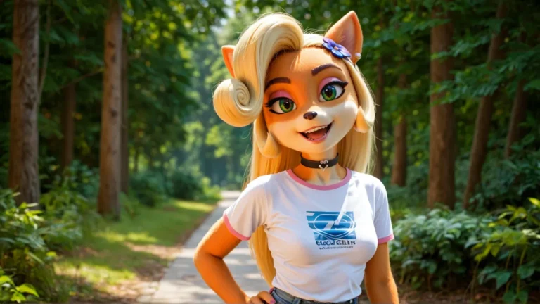 AI-generated image of an anthropomorphic character with blonde hair, green eyes, and fox-like features standing in a forest, wearing a white T-shirt with a logo and a black choker.