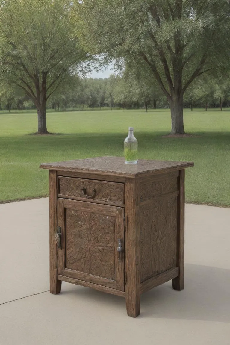 AI generated image of an antique wooden cabinet with intricate carvings placed outdoors in a serene park with green trees.