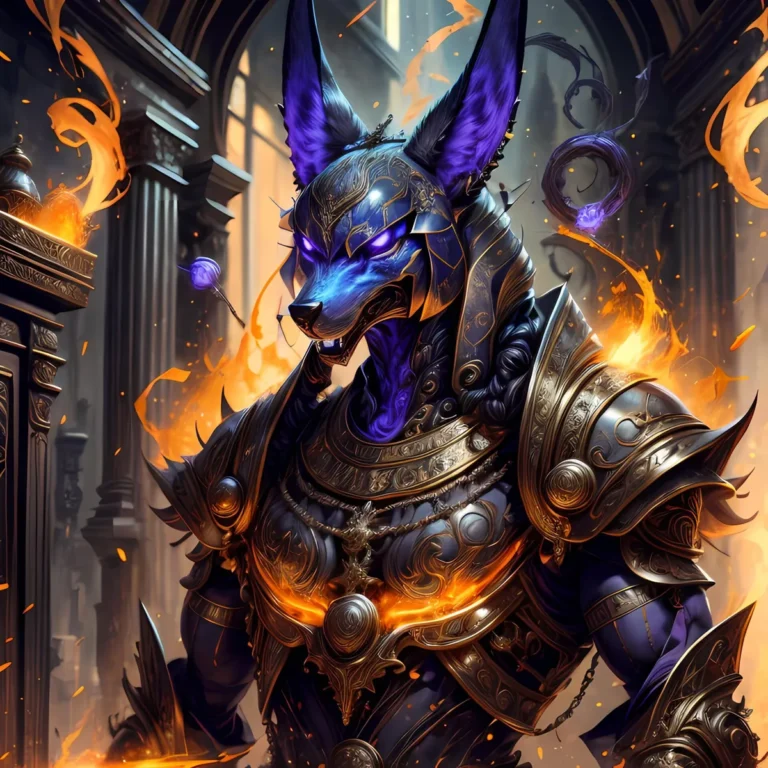 A highly detailed AI-generated image of Anubis, the Ancient Egyptian god, depicted as a warrior in burning, ornate armor, created using stable diffusion.