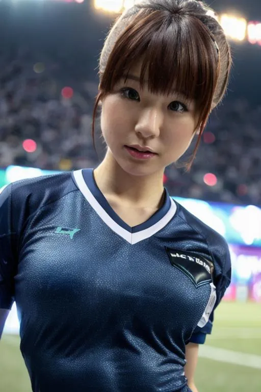 Asian woman in a dark blue sports jersey, standing at a soccer stadium, AI generated image using Stable Diffusion.