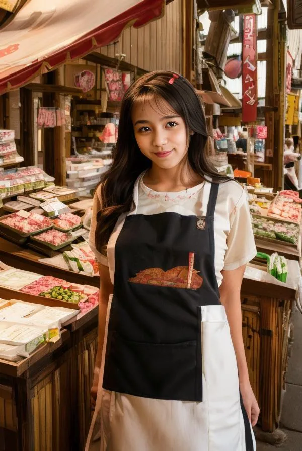 A young woman with long dark hair wearing a black apron and a white shirt, standing at a traditional Japanese food stall. This image emphasizes that it is generated using AI with Stable Diffusion.