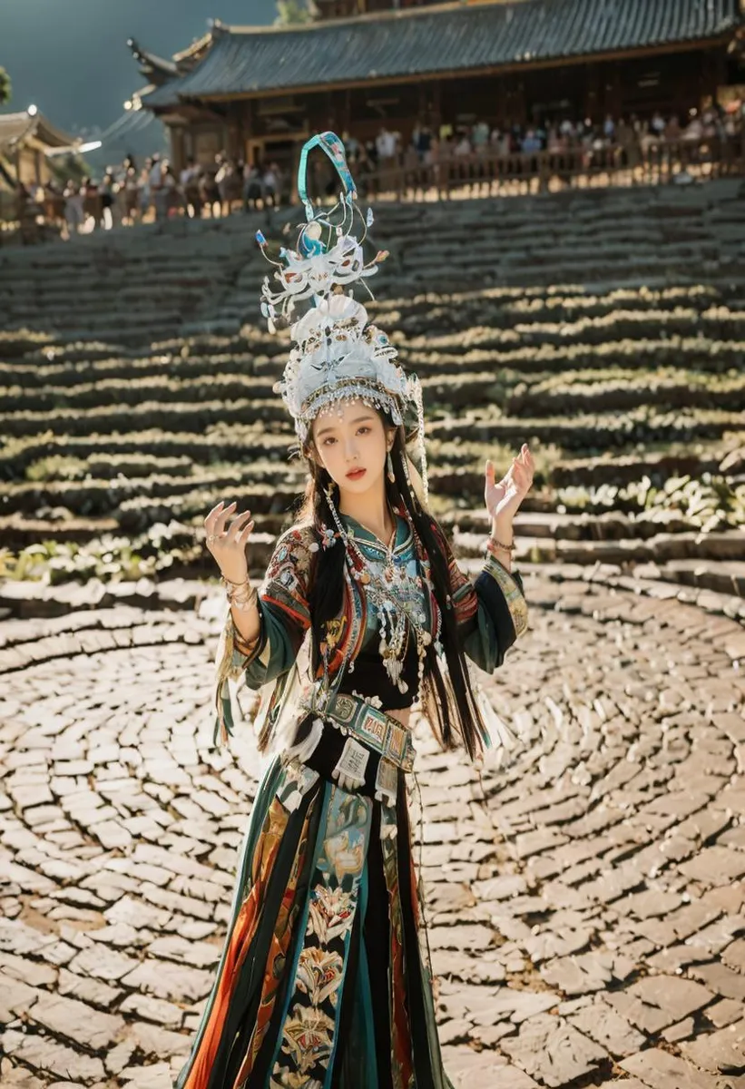 AI generated image using stable diffusion of an Asian woman in traditional cultural attire standing in front of a historic structure with terraced steps in the background.