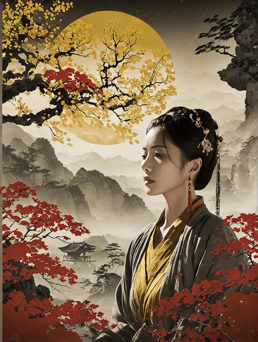 A beautiful AI generated image of an Asian woman in traditional clothing under a golden full moon, surrounded by autumn-colored foliage.