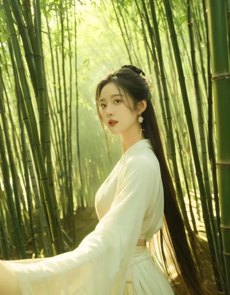 An Asian woman wearing a traditional dress stands in a serene bamboo forest. AI-generated image using stable diffusion.