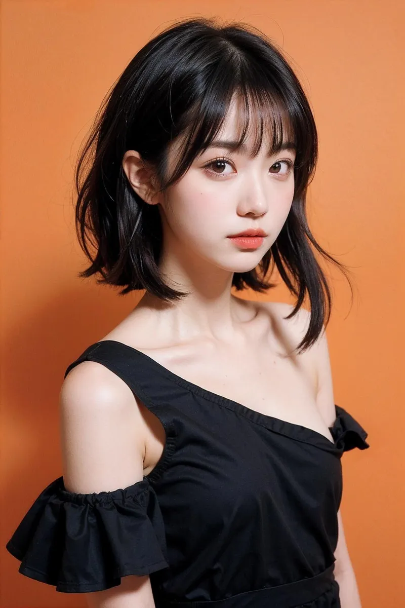 A beautifully detailed AI-generated portrait of an Asian woman with short black hair, wearing a stylish black off-shoulder dress, standing in front of an orange background created using Stable Diffusion.