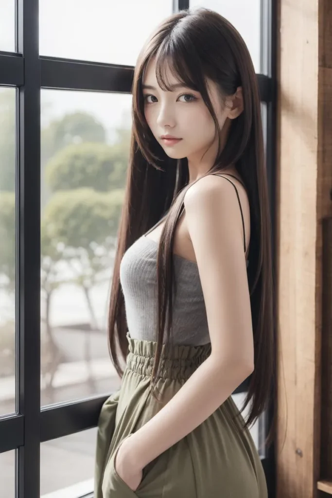 AI generated image using stable diffusion of an Asian woman with long hair standing by a window.