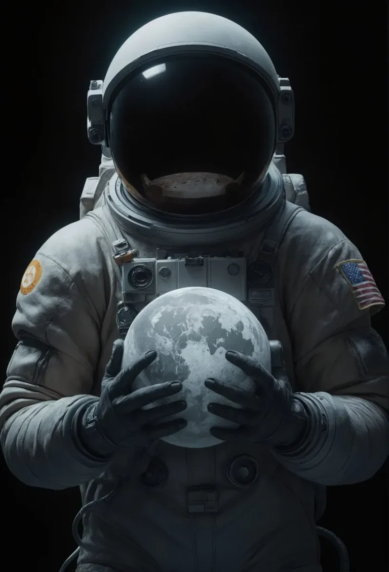 An AI generated image of an astronaut holding a detailed 3D model of the moon, created using stable diffusion.