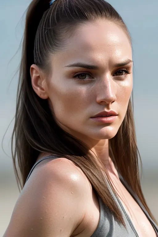 An AI generated image using Stable Diffusion of an athletic woman with a serious gaze, wearing a sleeveless top, and with long brown hair tied in a ponytail.