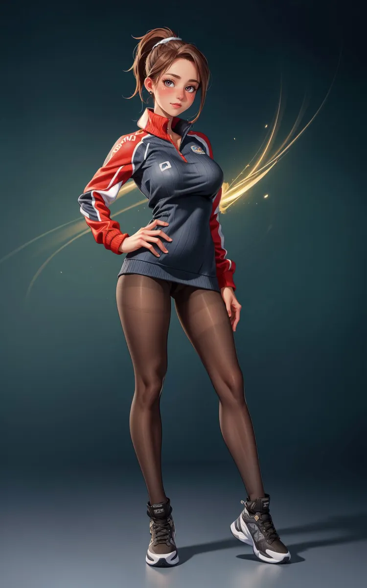 Anime-style athletic woman wearing sportswear with red and blue jacket, black tights, and sneakers. Created using Stable Diffusion.