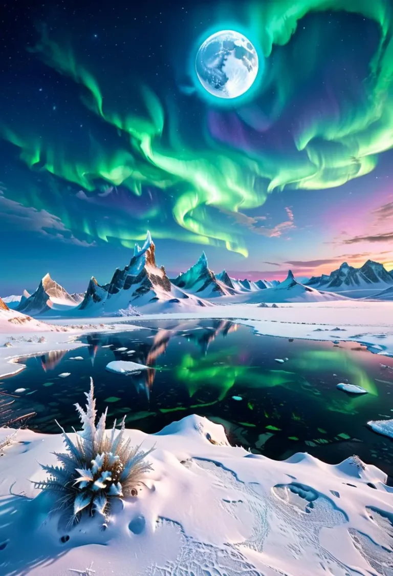 An AI generated image using Stable Diffusion depicting a stunning arctic landscape illuminated by the aurora borealis under a bright, full moon.