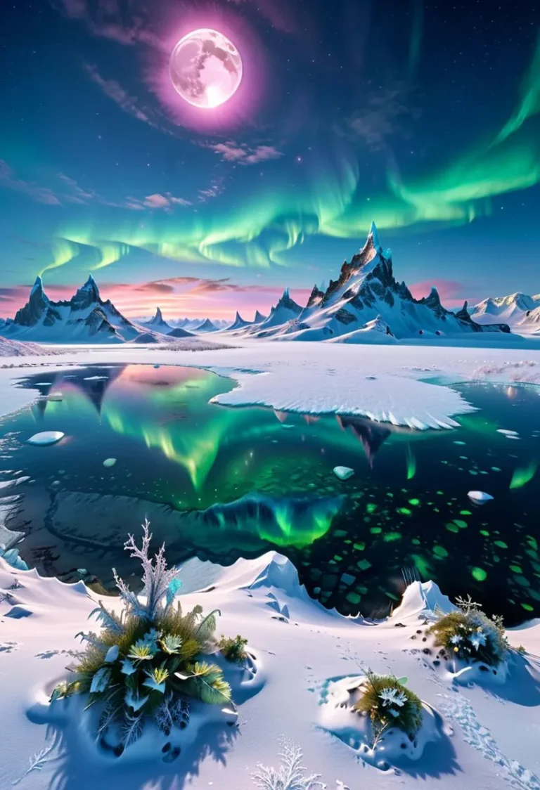A stunning AI generated image using Stable Diffusion, showcasing the aurora borealis over moonlit snowy mountains and a reflective icy lake.