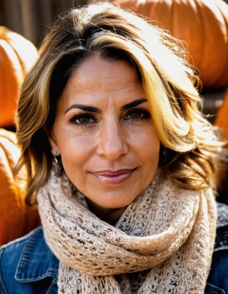 An ai generated image using strong_diffusion showing a middle-aged woman with short, blonde hair, wearing a cozy beige scarf and a denim jacket, smiling against a background of orange pumpkins.