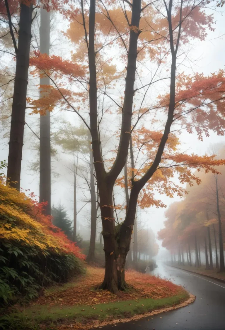 A misty road cutting through an autumn forest with colorful fall leaves, generated using stable diffusion AI.