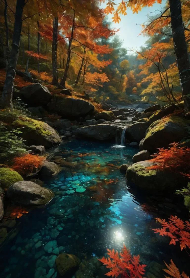 AI generated image using Stable Diffusion of an autumn forest with a serene stream and vibrant foliage reflecting in clear water.