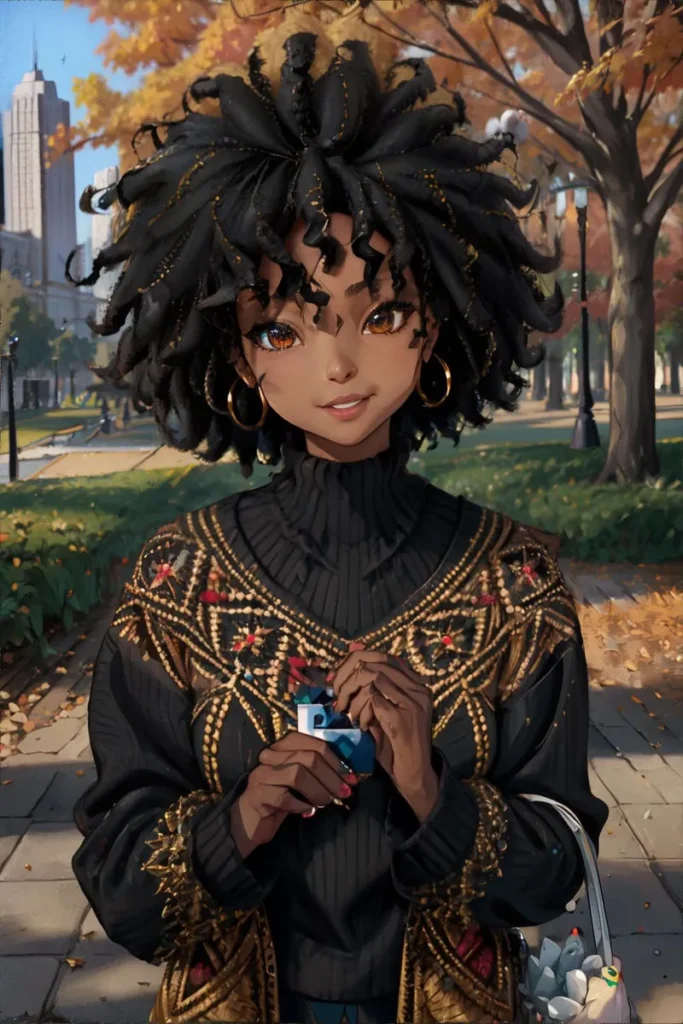Anime character with curly hair and intricate black sweater in an autumn park, AI generated using stable diffusion.