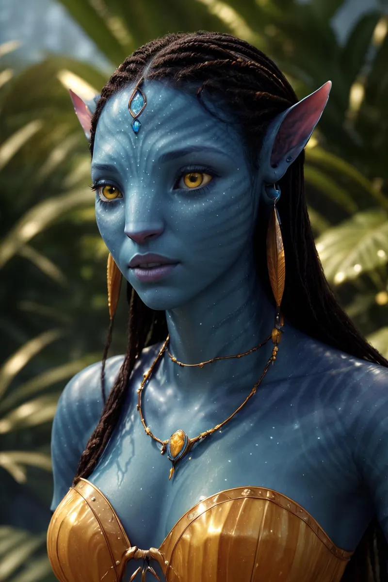 Close-up of an AI generated avatar character with blue skin and yellow eyes, adorned with jewelry, in a jungle setting. Stable Diffusion technology.