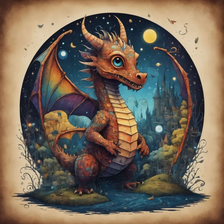 Baby dragon with large blue eyes in a magical fantasy setting. Background includes a nighttime sky with stars and a full moon, and a whimsical castle surrounded by dreamy landscape. This is an AI generated image using Stable Diffusion.