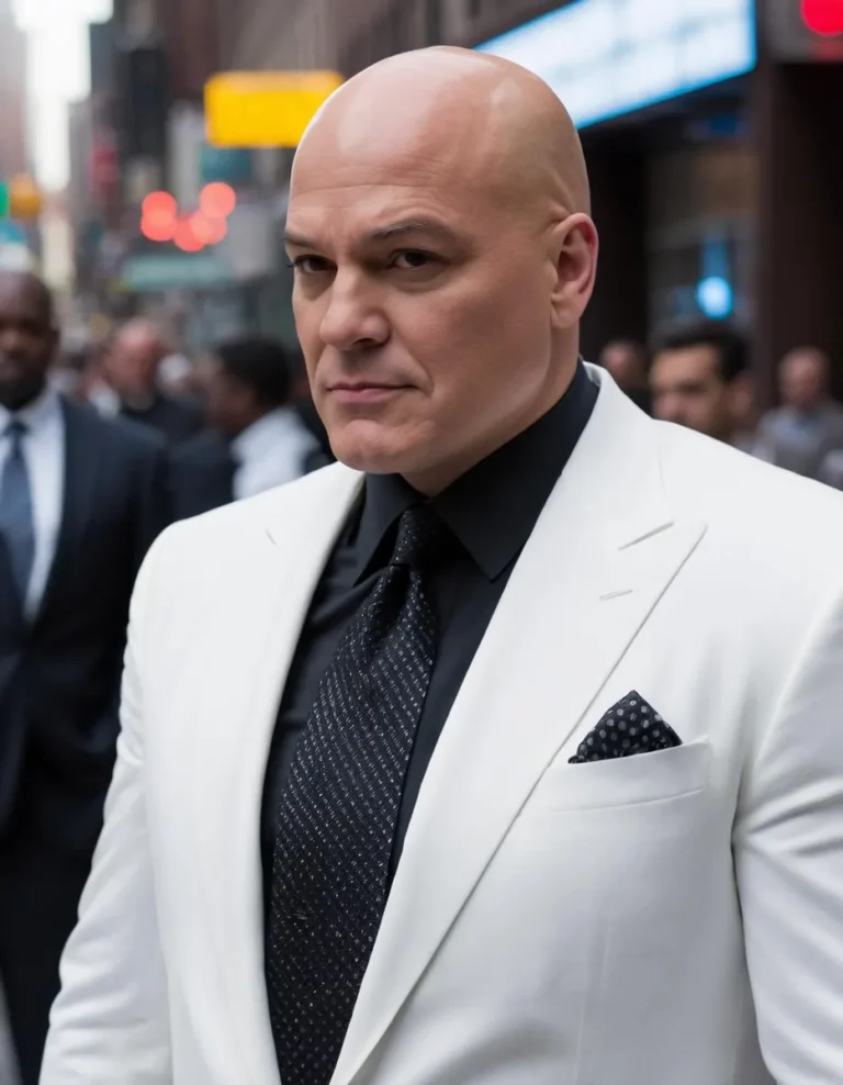 A serious bald man wearing a white suit and a black shirt with a black tie, standing in a busy urban setting. AI generated image using stable diffusion.