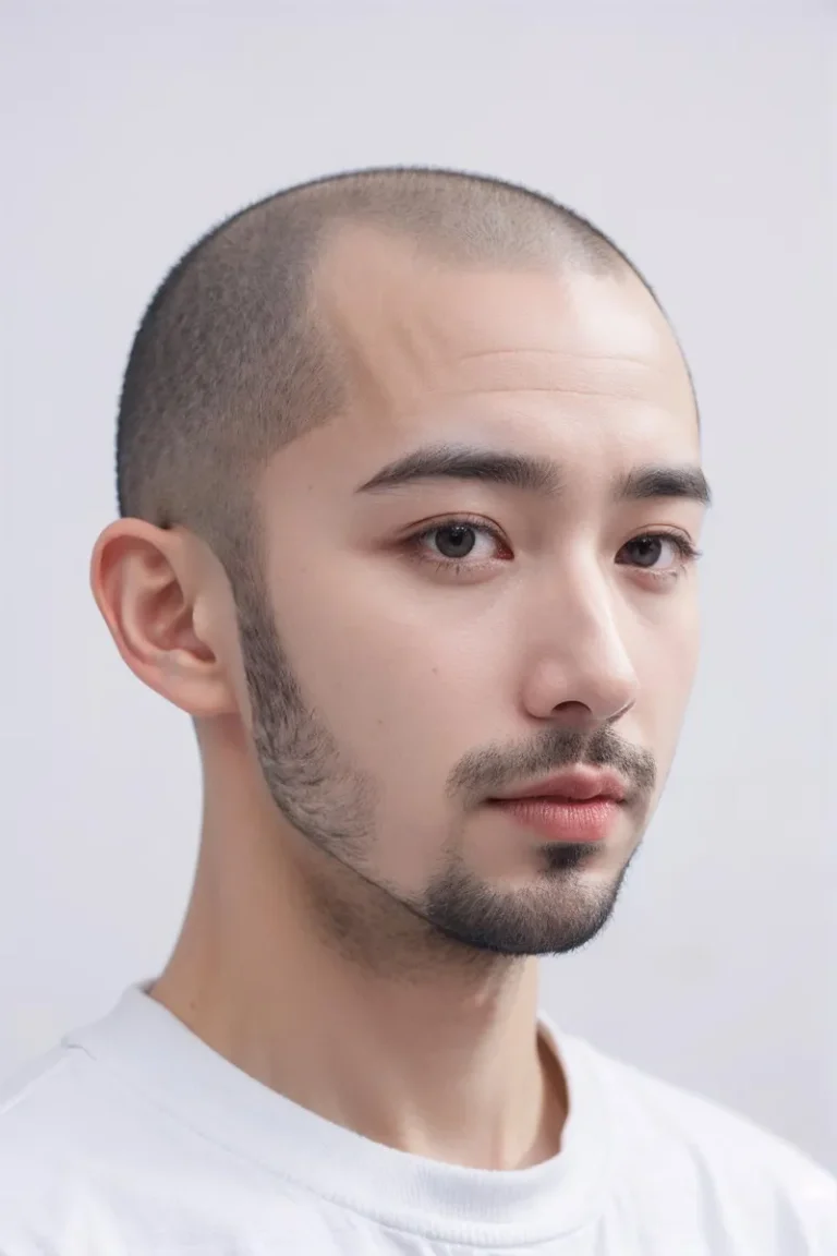 AI-generated image of a young man with a shaved head and light stubble, facing the camera with a neutral expression and wearing a white shirt.