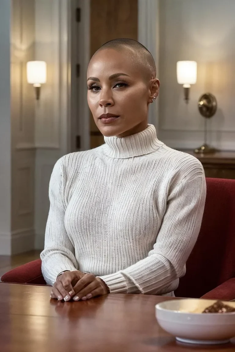 A bald woman in an elegant setting, wearing a white high turtleneck sweater, sitting with her hands folded on a wooden table. AI generated image using Stable Diffusion.