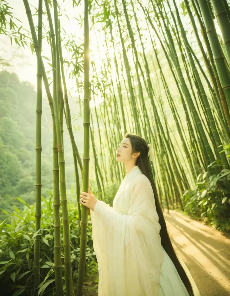 A serene scene of a woman in traditional dress standing in a bamboo forest, created using AI image generation with stable diffusion.
