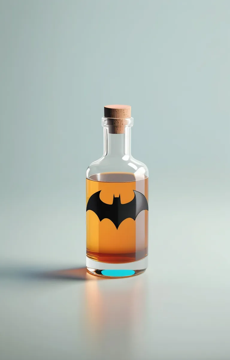 Transparent whiskey bottle with bat symbol, AI generated using stable diffusion.
