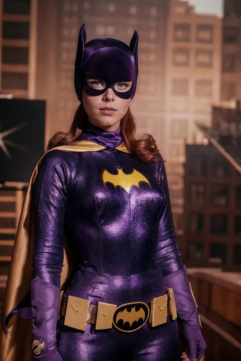 Batgirl cosplay in a detailed superhero costume, generated using AI stable diffusion.