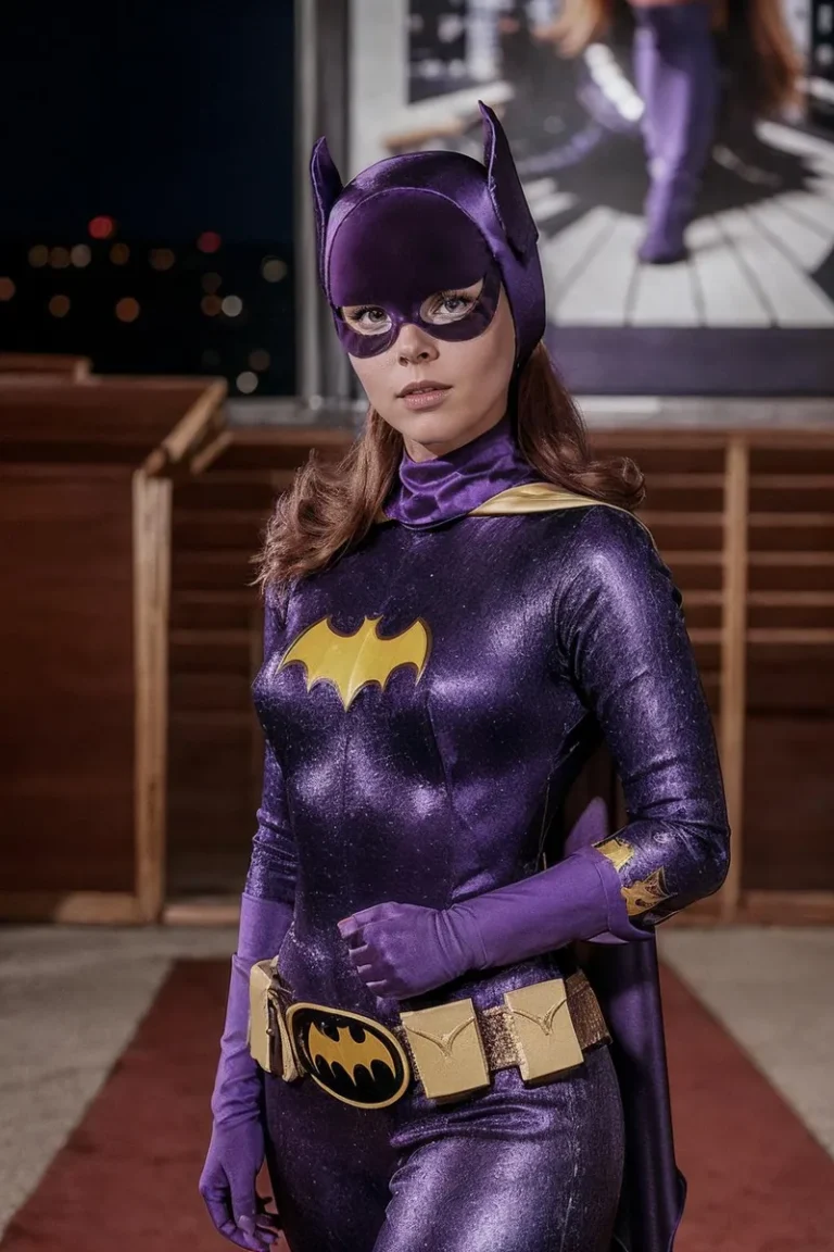 A detailed superhero cosplay of Batgirl in a shiny purple bat suit, created using Stable Diffusion.