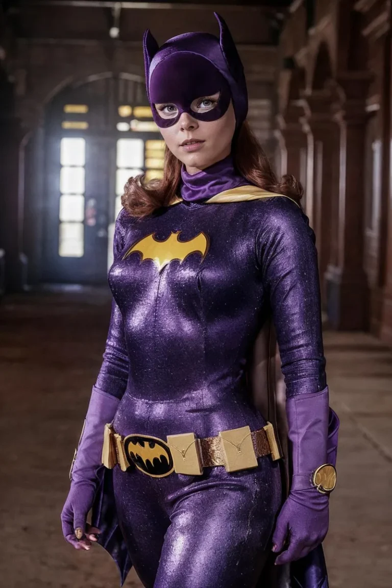 A detailed, AI generated image using Stable Diffusion, depicting a woman in a Batgirl costume. She is donning a purple suit with a yellow Bat emblem, gloves, mask, and utility belt, standing in what appears to be an urban setting with an archway and backlighting.