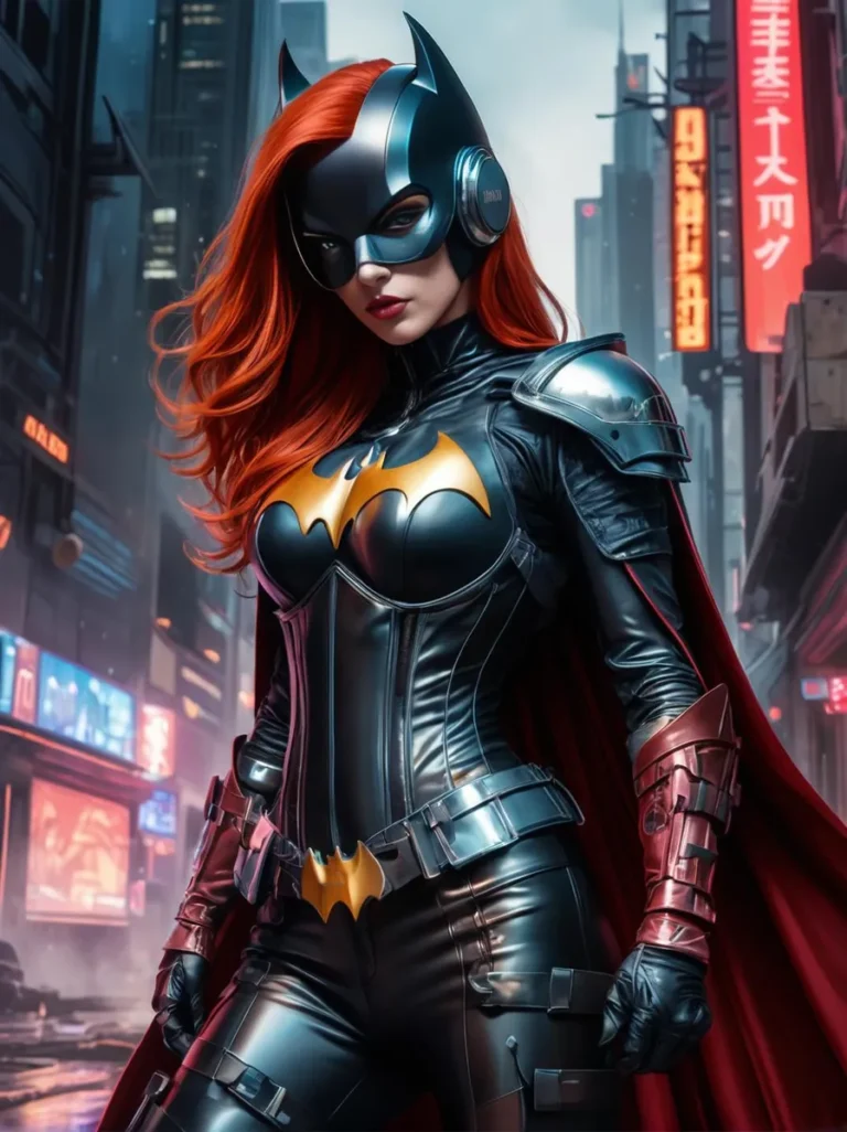 Batwoman in a detailed suit standing in a neon-lit cyberpunk city. AI generated image using Stable Diffusion.