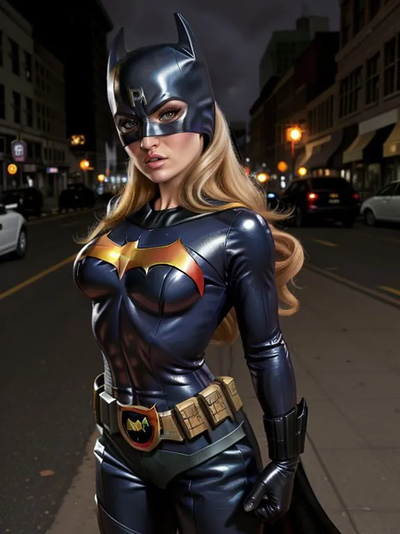 Batwoman in detailed cosplay costume with bat symbol on chest standing on a dimly lit city street at night. This is an AI generated image using Stable Diffusion.