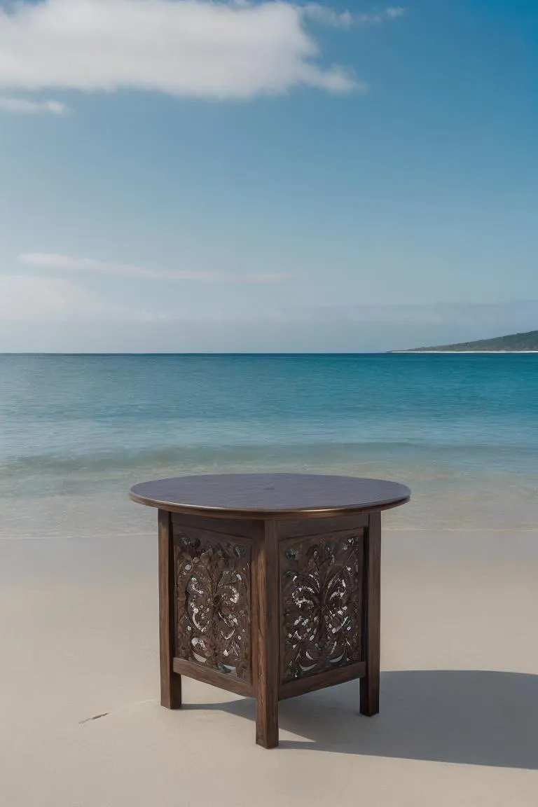 A round wooden table with ornate carvings placed on a sandy beach, created using Stable Diffusion AI.