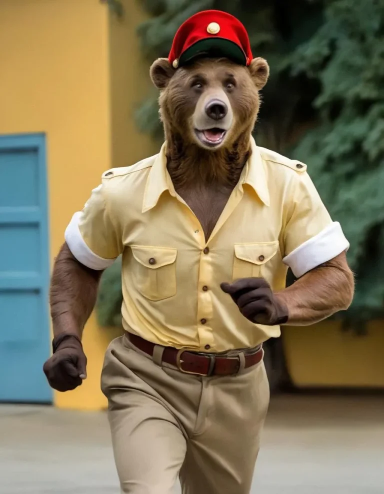 A funny AI generated image using stable diffusion of a bear dressed in a uniform with a red hat, running with an expression of surprise or excitement.