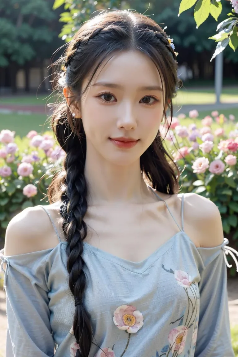 A beautiful girl with a long braided hairstyle, standing in an enchanting flower garden. AI generated image using Stable Diffusion.
