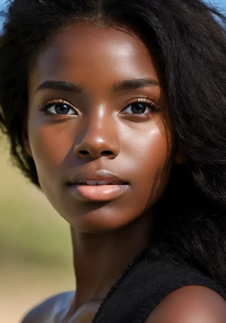 Close-up portrait of a beautiful woman with clear, glowing skin and dark eyes with natural sunlight illuminating her face and dark hair. AI generated image using Stable Diffusion.