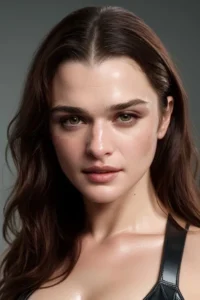 A realistic AI generated image of a beautiful woman with long brown hair, neutral expression, and subtle makeup. The woman has a slight glimmer on her skin, created using stable diffusion.