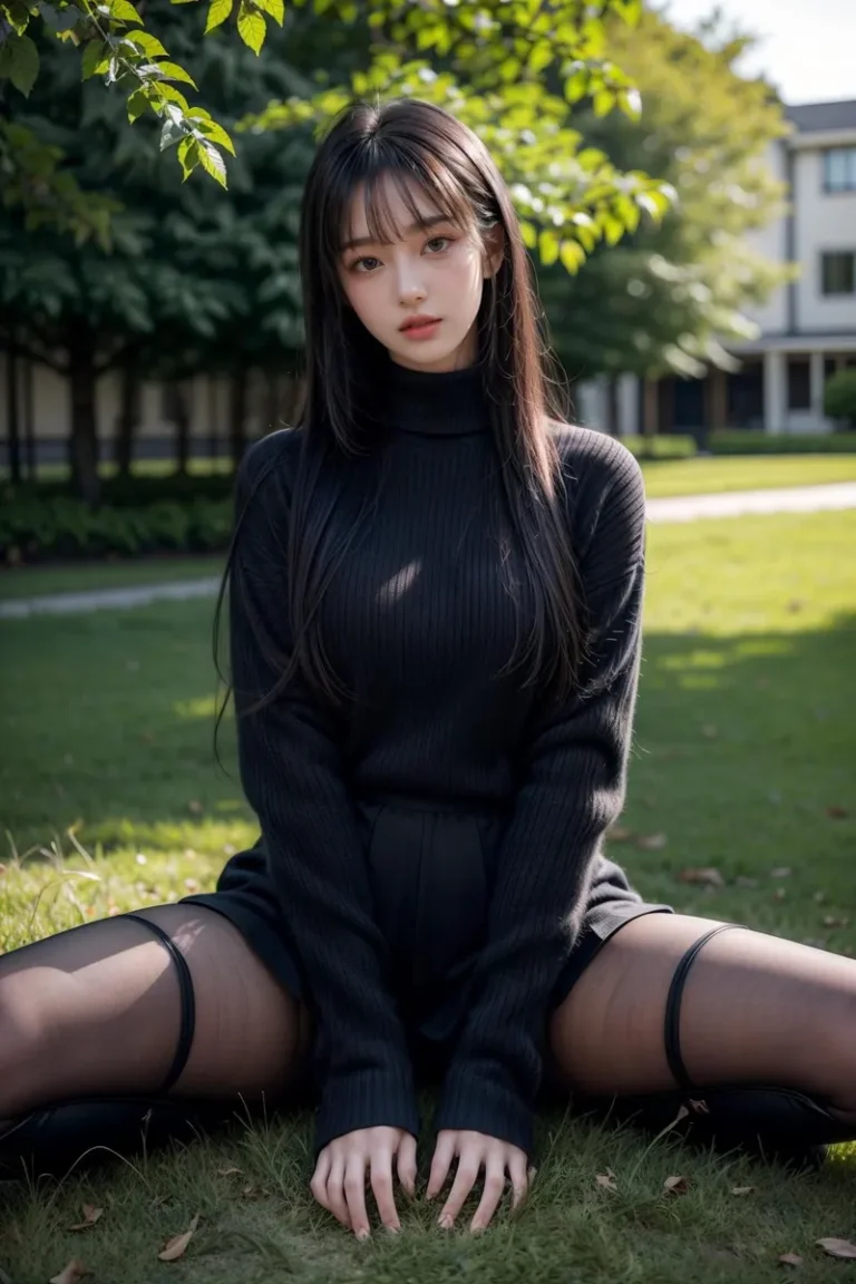 Outdoor portrait of a beautiful woman sitting on grass wearing a black turtleneck sweater and black outfit, AI generated using stable diffusion.